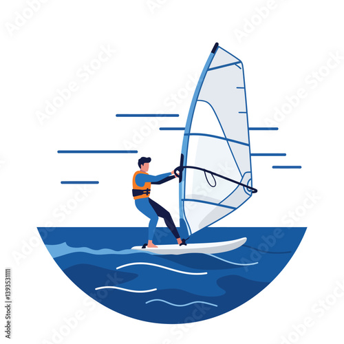 Windsurfing athlete on water in flat design style vector art