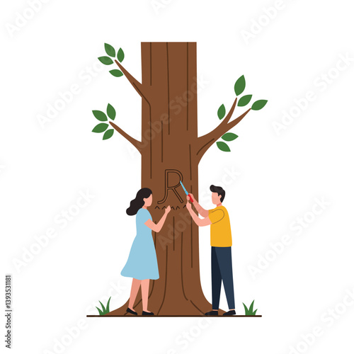 Two people carving initials into a tree in flat vector art