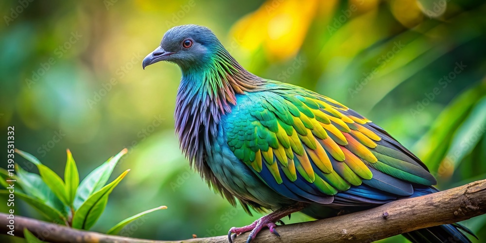 Fototapeta premium Closeup Portrait of a Nicobar Pigeon on a Branch Exquisite Detail and Exotic Beauty
