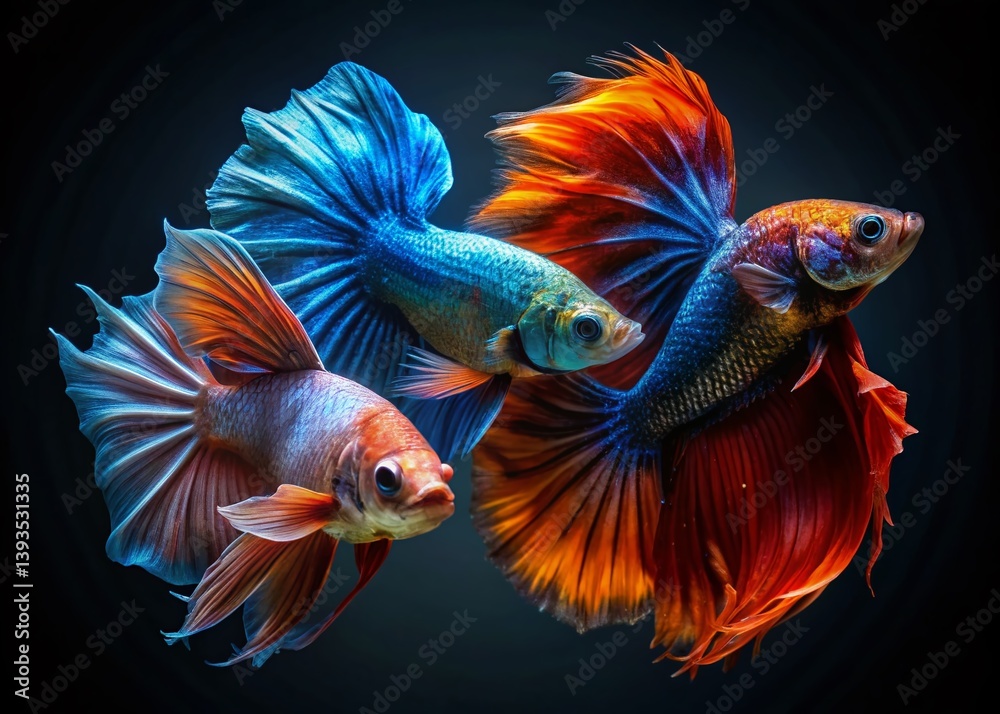 Fototapeta premium Enthralling Siamese Fighting Fish in a Night Aquarium Vivid Colors and Graceful Movement