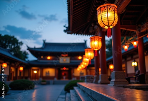 Serene evening scene of a traditional Asian courtyard illuminated by lanterns
