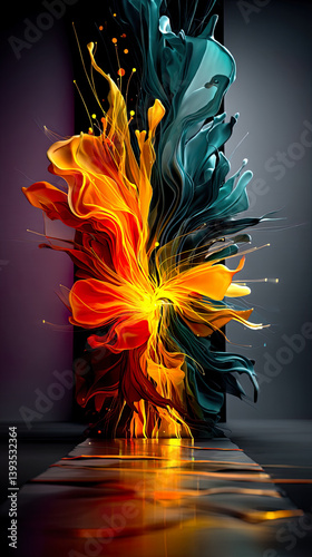 Quantum Dot Brushstrokes with Neon Light Bursts and 3D Abstract Motion in Digital Minimalism
