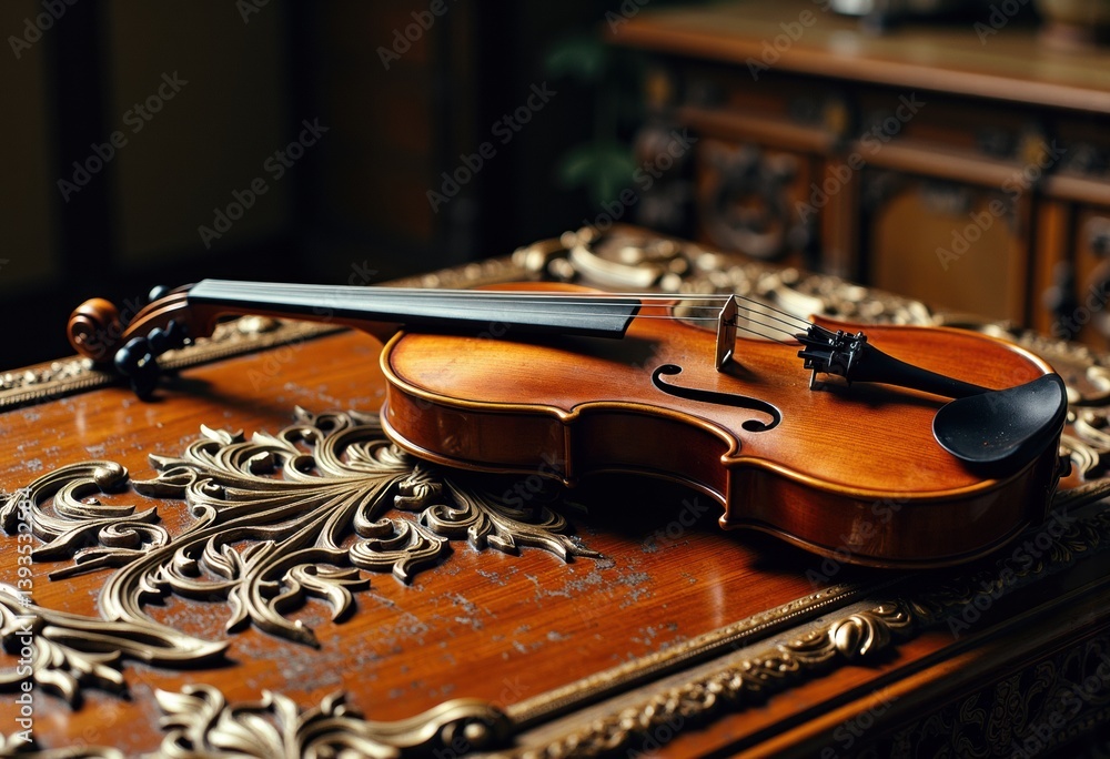 Fototapeta premium A beautifully crafted violin resting on an ornate wooden table