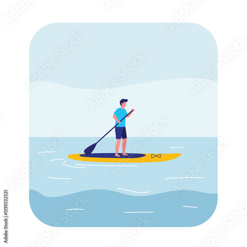 Paddleboarding man on water in flat style vector art
