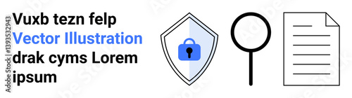 Shield with padlock symbolizing security, magnifying glass for inspection, and document for information. Ideal for cybersecurity, data protection, surveillance, compliance, auditing, and data