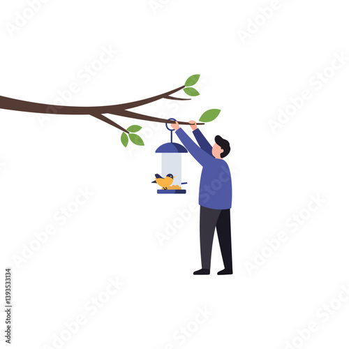 Man hanging bird feeder on tree branch in flat vector art