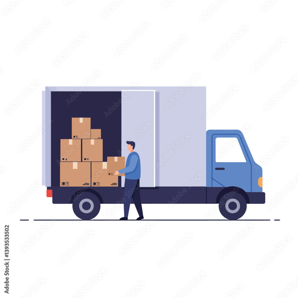 Delivery person unloading boxes from truck in flat vector art style Delivery person unloading boxes from truck in flat vector art style