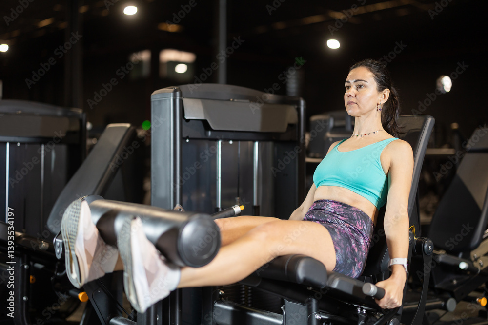 Athletic woman in thirties working out on leg extension machine, targeting quadriceps during strength training routine in modern well-equipped gym