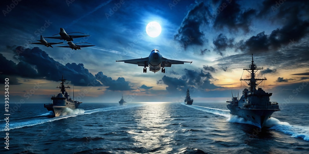 Silhouette of a Jet and Warship at Night Majestic Naval Aviation at Sea Silhouette of a Jet and Warship at Night Majestic Naval Aviation at Sea