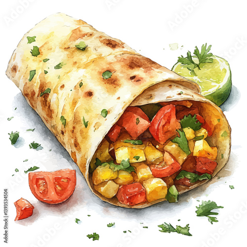 Breakfast Burrito, watercolor illustration, isolated on a white background.

