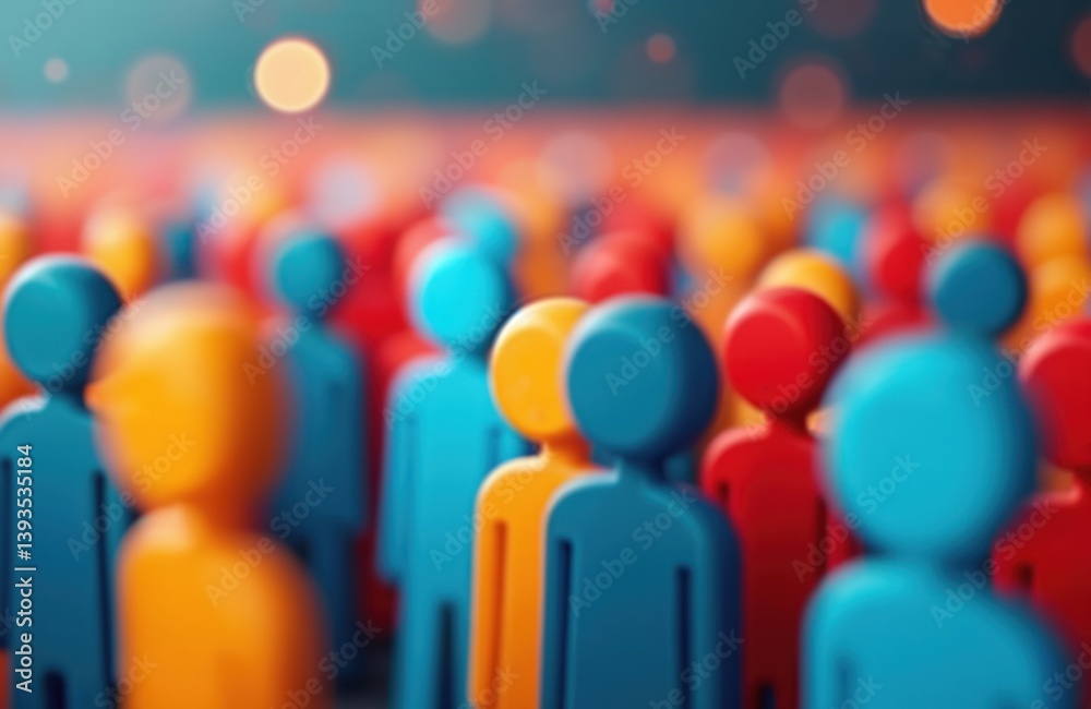Colorful background of blurred figures represents HR team work. Diverse group of people symbolizes corporate management. Business concept of job search employment and teamwork.