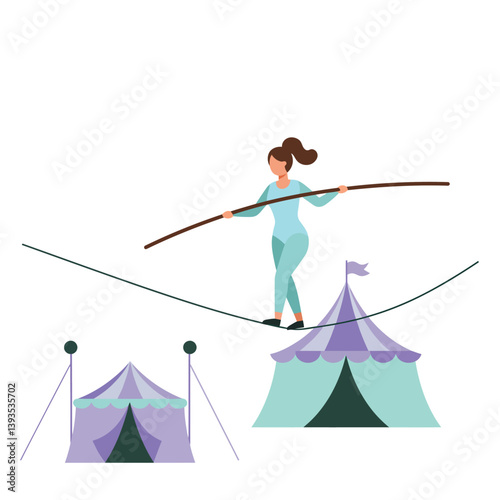Tightrope walker balancing above circus tents in flat vector art