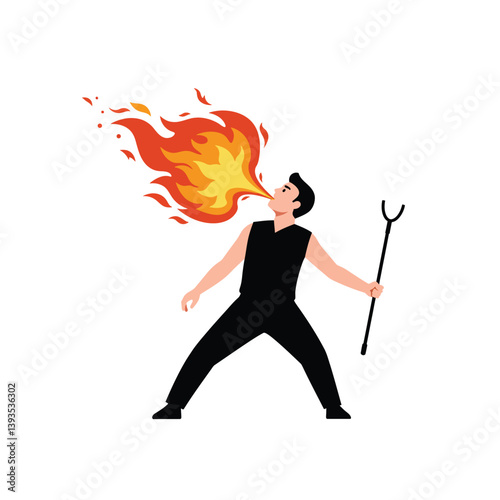 Fire Breather Performing with Flames in Flat Minimalist Vector Art
