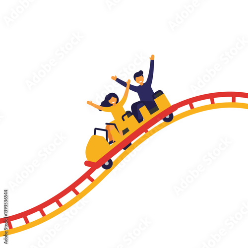 Roller coaster ride with excited passengers in flat minimal vector illustration