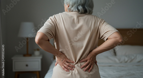 An elderly woman gently massages her aching lower back, feeling the familiar twinge of discomfort in the quiet solitude of her bedroom, soft natural light illuminating the scene.