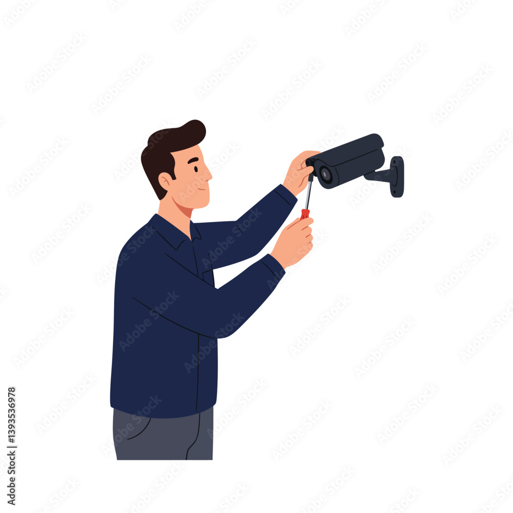 Technician repairing security camera in flat style vector art illustration Technician repairing security camera in flat style vector art illustration