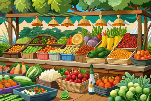 vector of Fresh vegetables are displayed in the local market