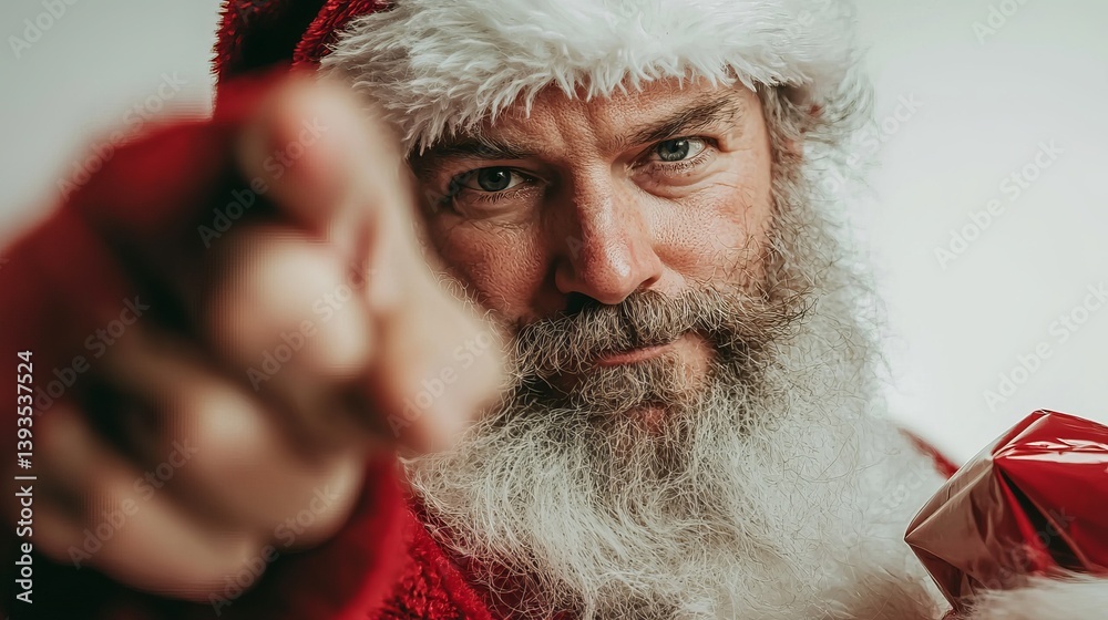 Festive male figure with a beard in a Santa costume, playfully pointing at the camera, spreading holiday cheer. Festive male figure with a beard in a Santa costume, playfully pointing at the camera, spreading holiday cheer.