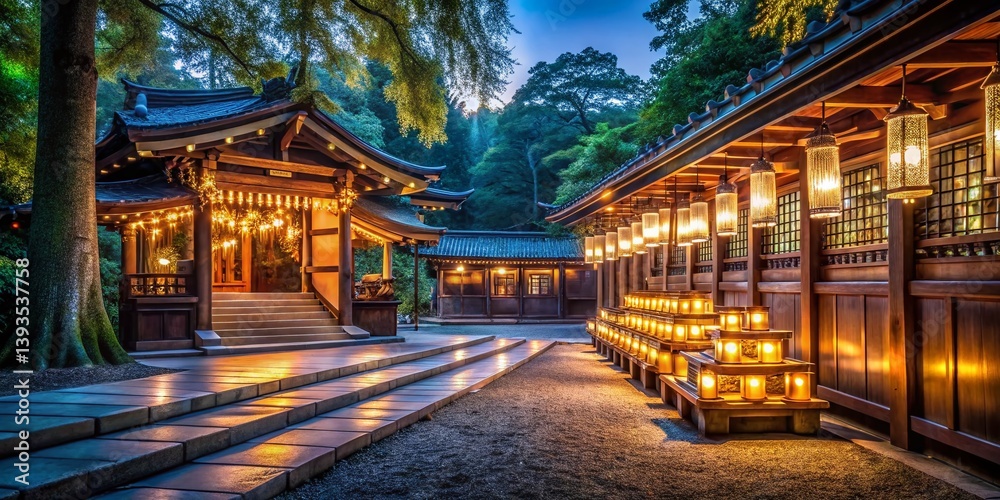 Fototapeta premium Mystical Glow on Wooden Ema Tablets at Nonomiya Shrine A Night Photography Exploration of Spiritual Japanese