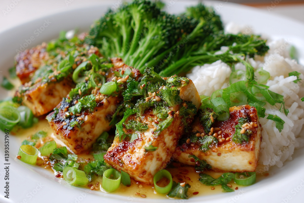 Miso-glazed tofu steaks with broccoli and rice Miso-glazed tofu steaks with broccoli and rice