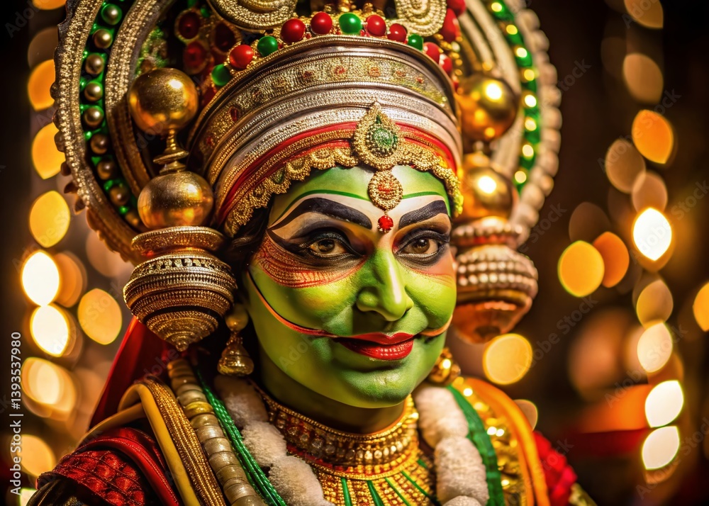 Mystical Oneness Kathakali Dancers Face in the Kerala Night A Glimpse of the Onam Festival