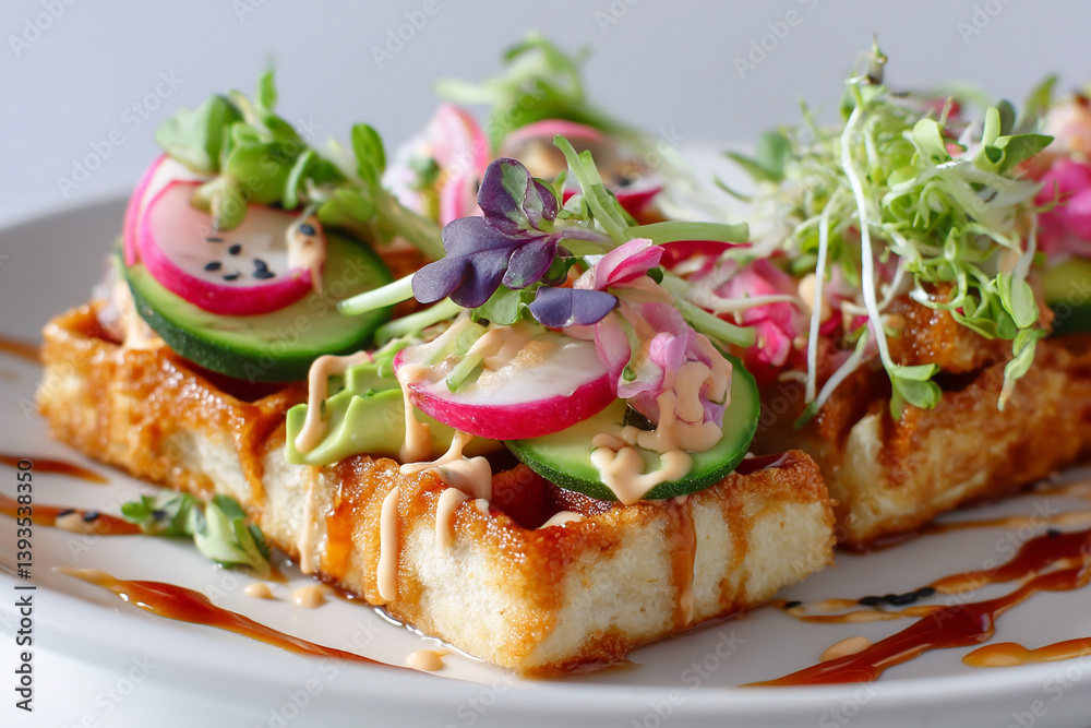 Tasty tofu sushi waffle with toppings Tasty tofu sushi waffle with toppings
