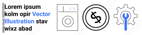 Washing machine, dollar coin inside black circle, gear with wrench in center. Ideal for home appliances, repair services, cost savings, maintenance, household budgeting, technical support abstract