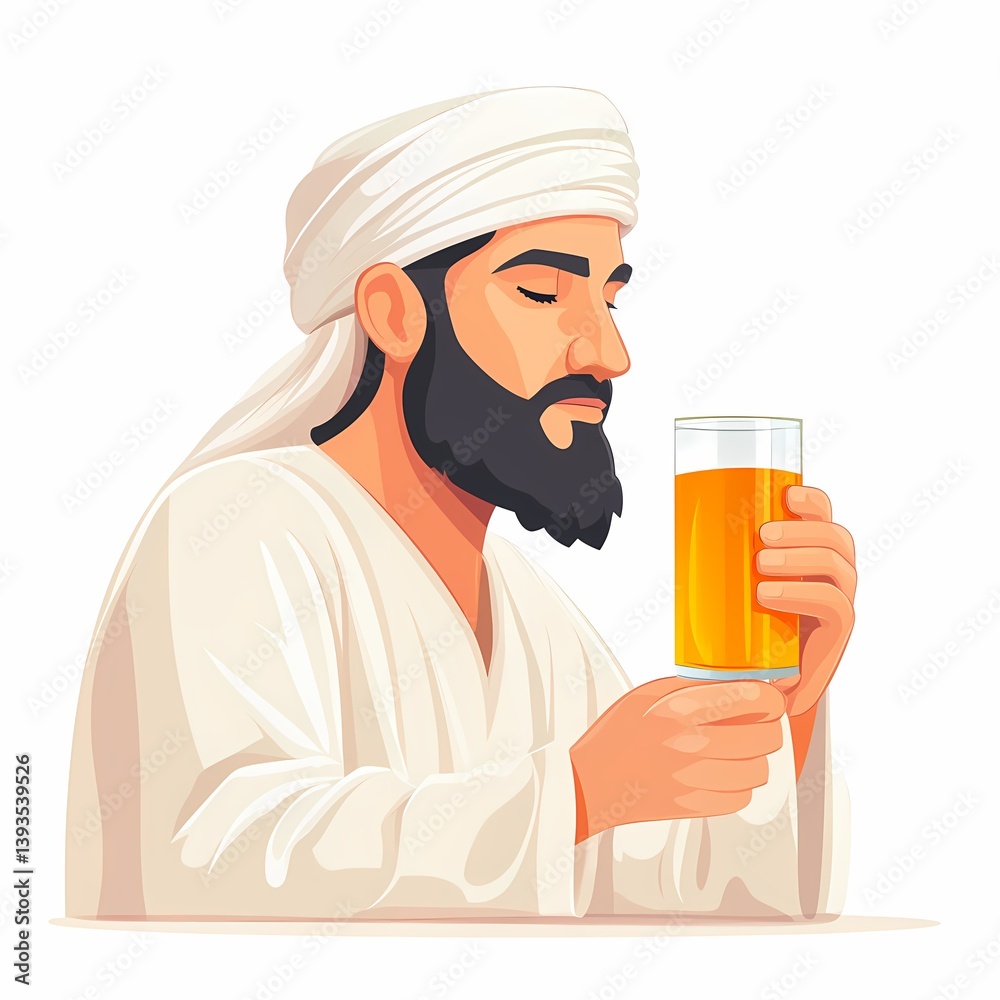 Middle Eastern Man in Traditional Attire Relishes Glass of Juice - Cultural Representation in Abstract Art Middle Eastern Man in Traditional Attire Relishes Glass of Juice - Cultural Representation in Abstract Art