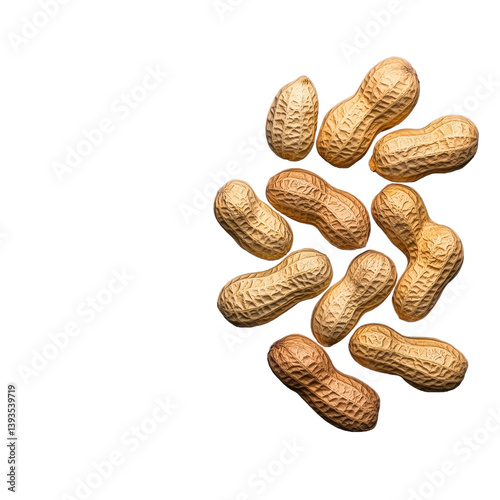 Group of unshelled peanuts, scattered randomly on a transparent background.