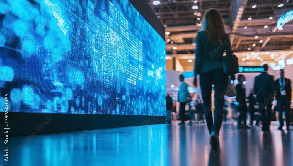Fototapeta premium Woman Walking at Technology Convention with Large Screen Display Showing Data
