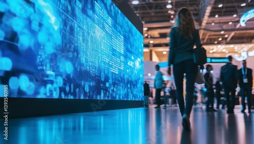 Woman Walking at Technology Convention with Large Screen Display Showing Data