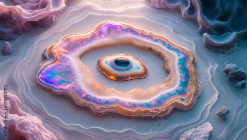 Energetic healing through mystical agate eyes floating in an ethereal nebula. A hypnotic vision radiating cosmic energy, intuition, and spiritual balance.