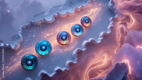Energetic healing through mystical agate eyes floating in an ethereal nebula. A hypnotic vision radiating cosmic energy, intuition, and spiritual balance.