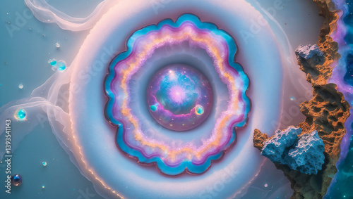 Energetic healing through mystical agate eyes floating in an ethereal nebula. A hypnotic vision radiating cosmic energy, intuition, and spiritual balance.