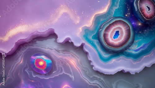 Energetic healing through mystical agate eyes floating in an ethereal nebula. A hypnotic vision radiating cosmic energy, intuition, and spiritual balance.