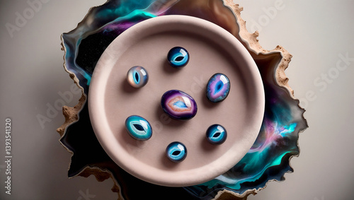 Energetic healing through mystical agate eyes floating in an ethereal nebula. A hypnotic vision radiating cosmic energy, intuition, and spiritual balance.