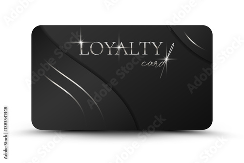 Trendy loyalty card template. Elegant Black business card with silvery 3d text and lines. Luxury design. Vector illustration for vip, bonus card, gift certificate, invitation