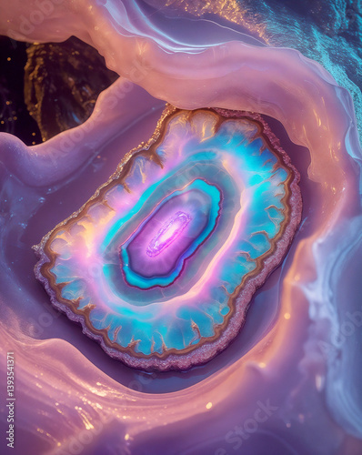 Energetic healing through mystical agate eyes floating in an ethereal nebula. A hypnotic vision radiating cosmic energy, intuition, and spiritual balance.