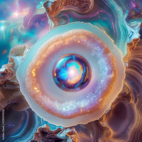 Energetic healing through mystical agate eyes floating in an ethereal nebula. A hypnotic vision radiating cosmic energy, intuition, and spiritual balance.