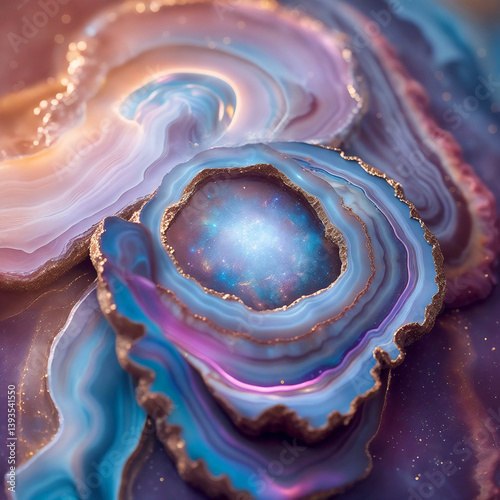Energetic healing through mystical agate eyes floating in an ethereal nebula. A hypnotic vision radiating cosmic energy, intuition, and spiritual balance.