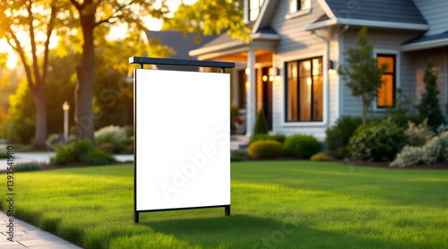  Real estate yard signboard mockup for property ads
White standing billboard in suburban yard, perfect for real estate agencies, housing promos, or local services marketing, estate agency