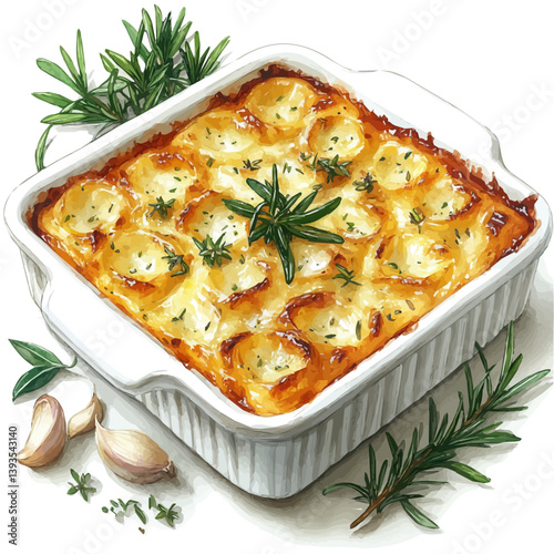 Bobotie, watercolor illustration, isolated on a white background.

