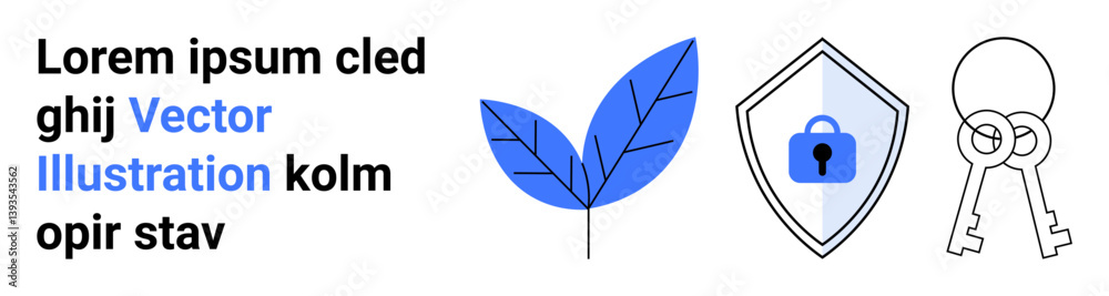Blue leaf, shield with lock, and keys representing eco-conscious security, protection, and access themes. Ideal for technology, environment, sustainability, encryption password safety privacy flat
