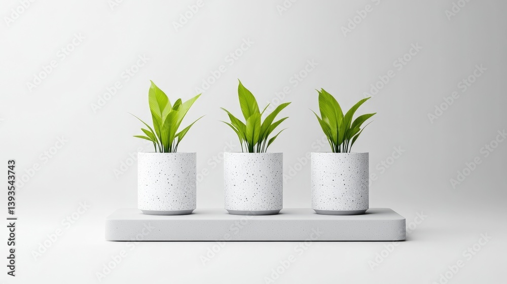 Simple, modern plant display. Three small potted plants arranged on a white shelf Simple, modern plant display. Three small potted plants arranged on a white shelf