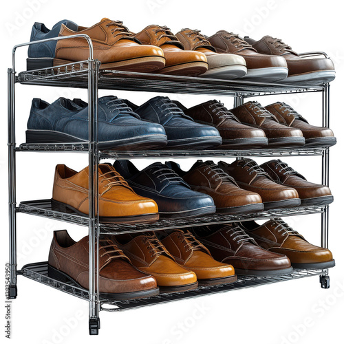 A sleek shoe rack with multiple tiers isolated on white background photo