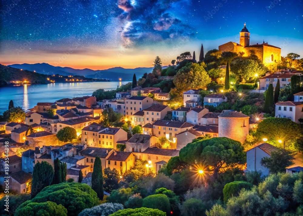 Obraz premium Enchanting Nighttime Views of Grimaud French Riviera Coastal Charm Under the Stars