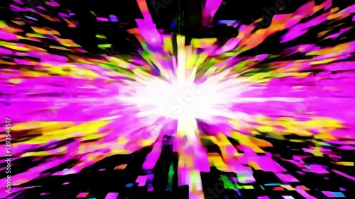 Bright glitch explosion expanding on black background