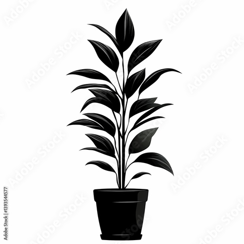 Elegant Botanical Vector Illustration: Silhouette of Decorative Leafy Indoor Plant for Home Decor and Environmental Design