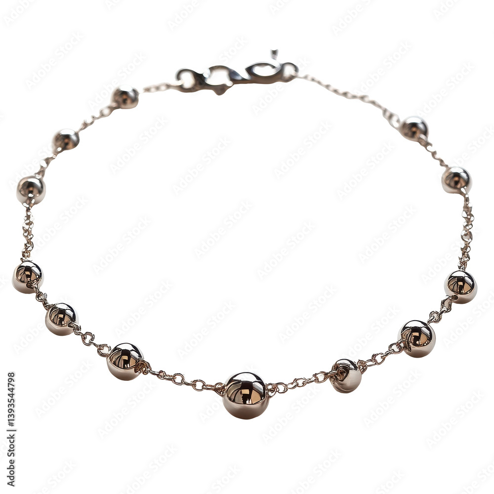 A sleek silver anklet with tiny charms isolated on white background A sleek silver anklet with tiny charms isolated on white background