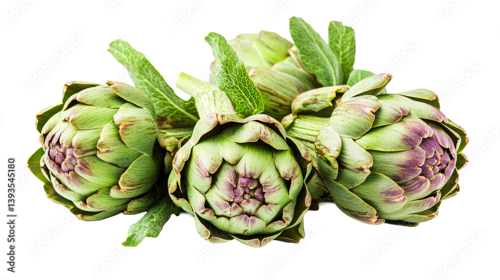 Fresh artichokes composition, green and purple, macro studio shot, cut out transparent Fresh artichokes composition, green and purple, macro studio shot, cut out transparent